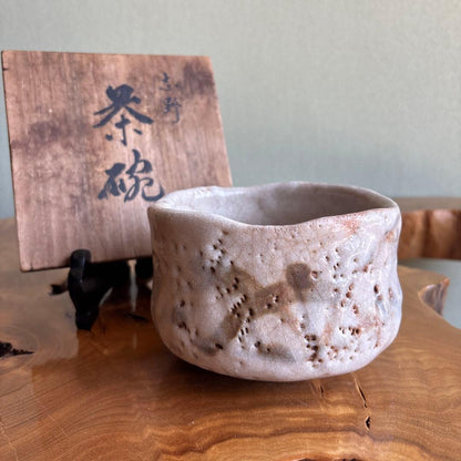 Shino Tea Bowl 'Tamauki' - Japanese Mino Shino Chawan with Milky White Glaze Kamehada and Signed Box