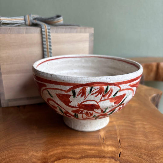 Aka-e Matcha Bowl Japanese Red Overglaze Chawan with Floral Motif — Folk Kiln, Tomobako