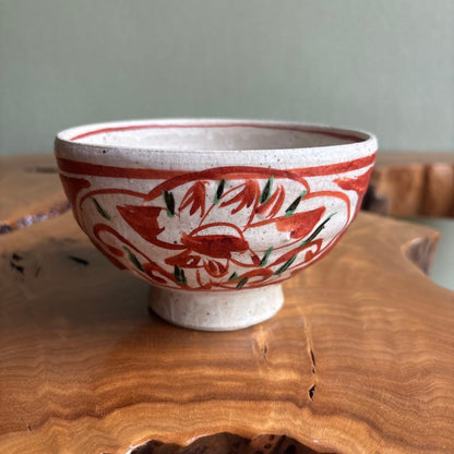Aka-e Matcha Bowl Japanese Red Overglaze Chawan with Floral Motif — Folk Kiln, Tomobako