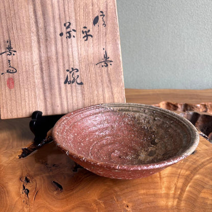 Shigaraki Hira-Chawan by Rakusai — Natural Ash Glaze with Bidoro, Signed Wood Box