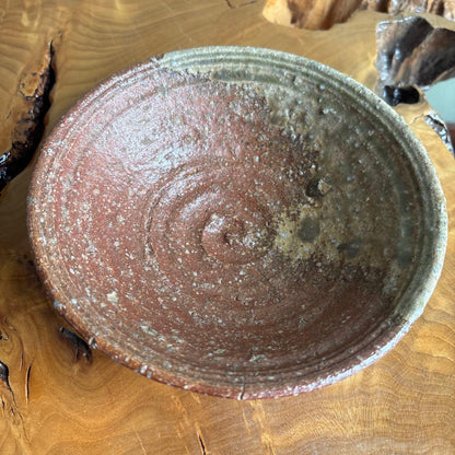 Shigaraki Hira-Chawan by Rakusai — Natural Ash Glaze with Bidoro, Signed Wood Box
