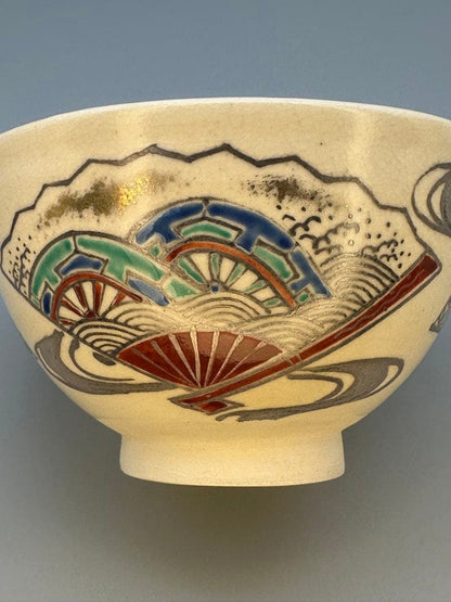 Suda Shoho Ninsei-Style Senmen Fan Panel Tea Bowl — Kyo-yaki Chawan