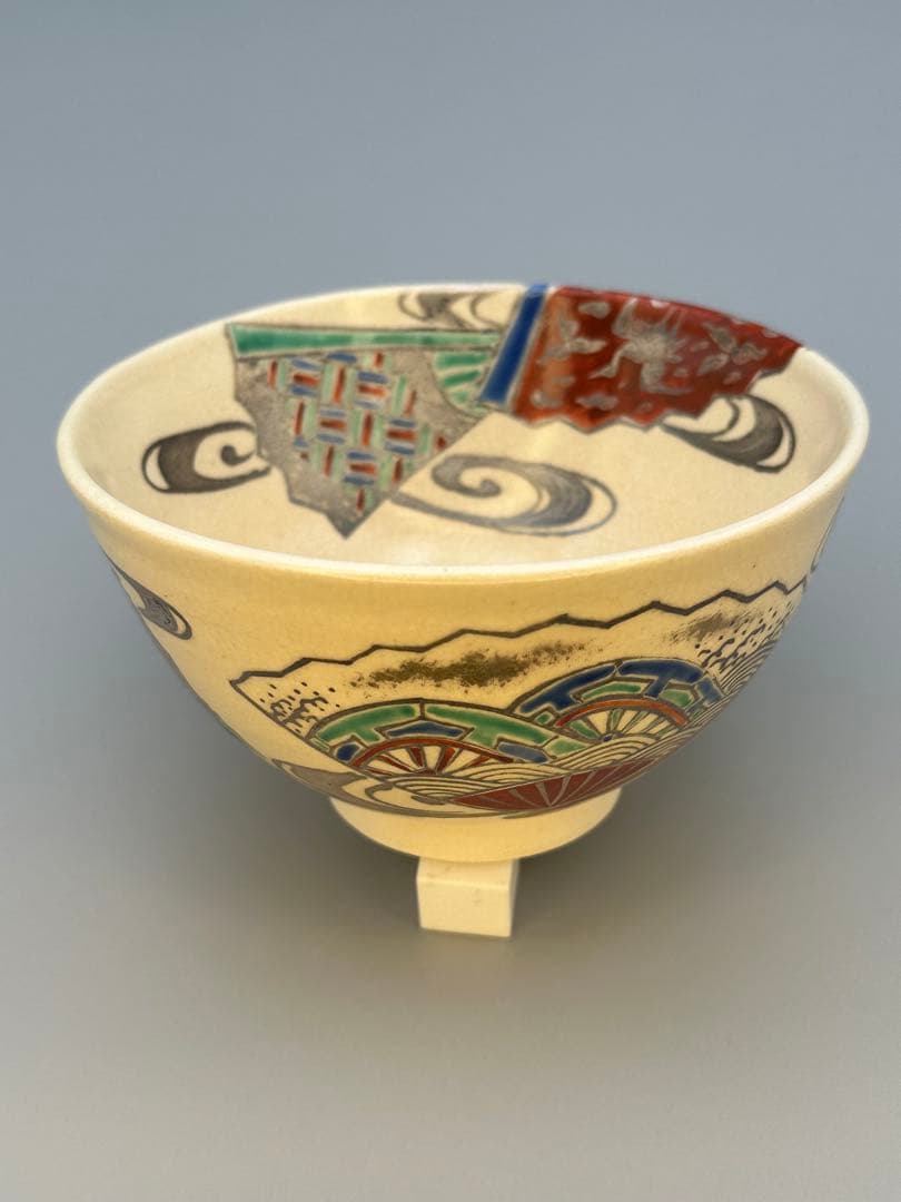 Suda Shoho Ninsei-Style Senmen Fan Panel Tea Bowl — Kyo-yaki Chawan