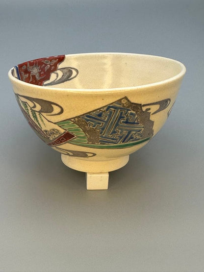 Suda Shoho Ninsei-Style Senmen Fan Panel Tea Bowl — Kyo-yaki Chawan