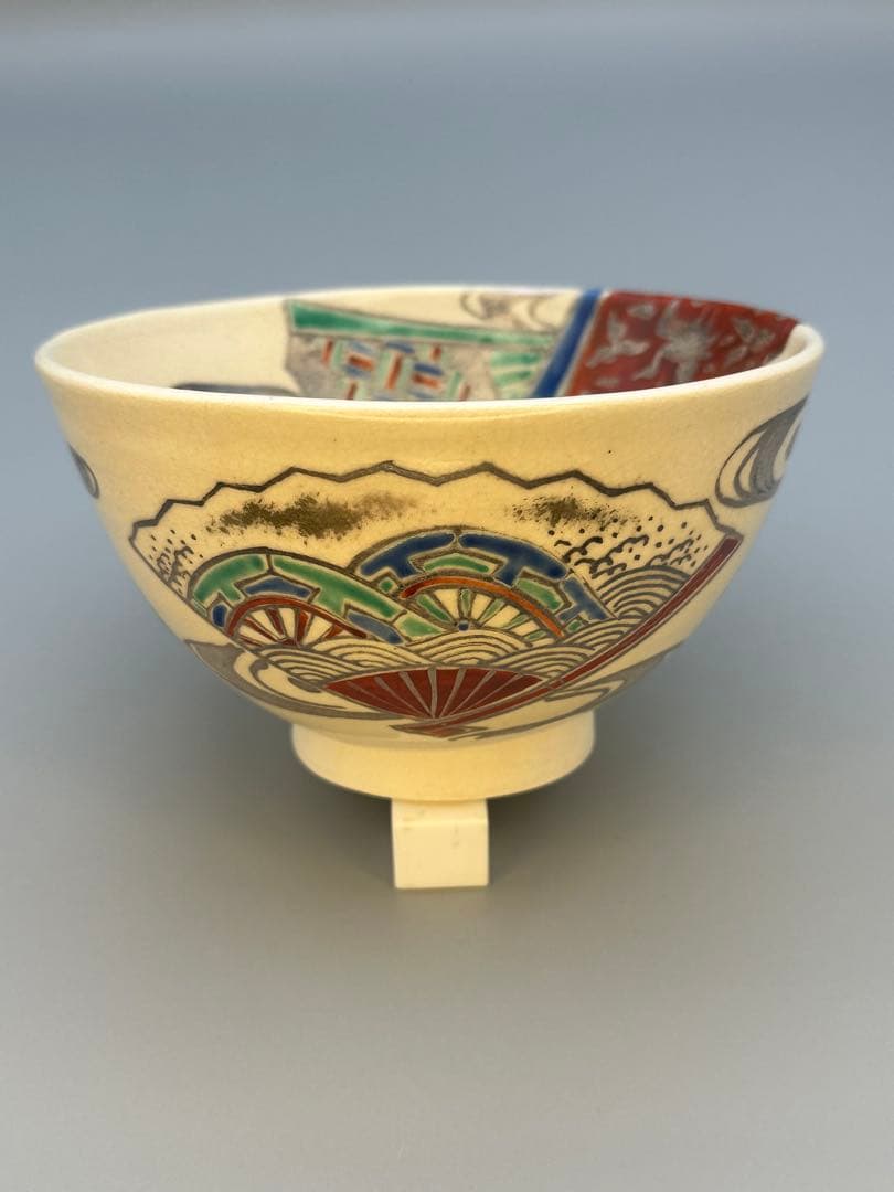 Suda Shoho Ninsei-Style Senmen Fan Panel Tea Bowl — Kyo-yaki Chawan