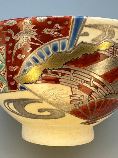 Suda Shoho Ninsei-Style Senmen Fan Panel Tea Bowl — Kyo-yaki Chawan