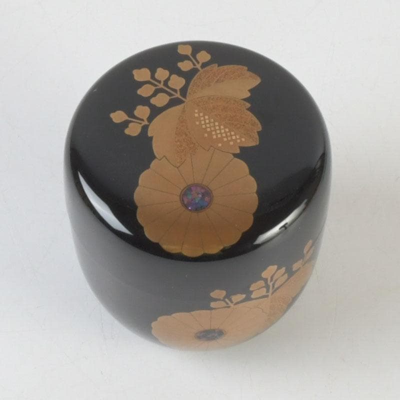Wajima Lacquer Natsume Tea Caddy — Kikukiri Maki-e with Raden Inlay | Mokudai Soho | Tomobako