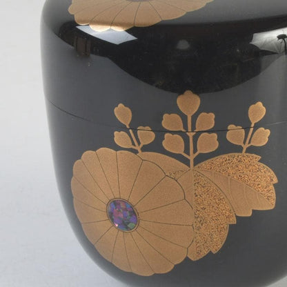 Wajima Lacquer Natsume Tea Caddy — Kikukiri Maki-e with Raden Inlay | Mokudai Soho | Tomobako
