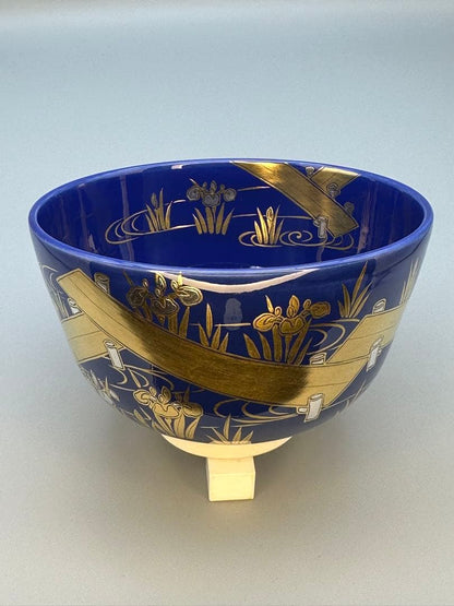 Nakamura Suiran Yatsuhashi Chawan — Cobalt Blue Gold Iris Bridge Tea Bowl, Tomobako