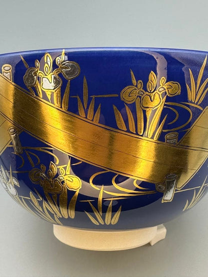 Nakamura Suiran Yatsuhashi Chawan — Cobalt Blue Gold Iris Bridge Tea Bowl, Tomobako