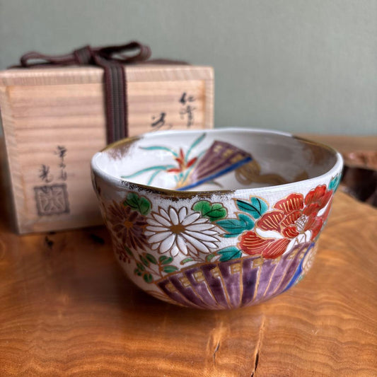 Ninsei-Style Chawan, Fan and Iris Motif, Heian Kozan, Kyoto