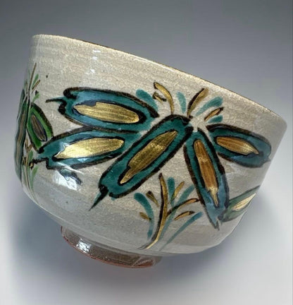 Gyozan Kyo-yaki Chawan with Dragonfly Design - Colorful Overglaze Enamel Tea Bowl