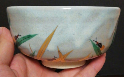 Zeze-yaki Chawan, Ashi-ni-Hotaru Motif in Black and White Glaze, Signed Box