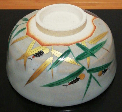 Zeze-yaki Chawan, Ashi-ni-Hotaru Motif in Black and White Glaze, Signed Box