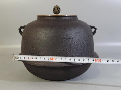 Shinnari Cast Iron Tea Kettle – Pine Landscape Relief – Masamitsu – Lotus Finial Bronze Lid – Japan