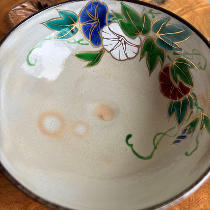 Kenzan-Style Morning Glory Flat Tea Bowl by Hashimoto Shiunn — Summer Chawan, Tomobako