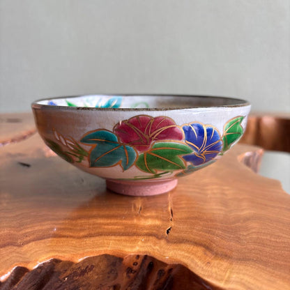 Kenzan-Style Morning Glory Flat Tea Bowl by Hashimoto Shiunn — Summer Chawan, Tomobako