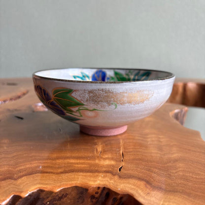 Kenzan-Style Morning Glory Flat Tea Bowl by Hashimoto Shiunn — Summer Chawan, Tomobako