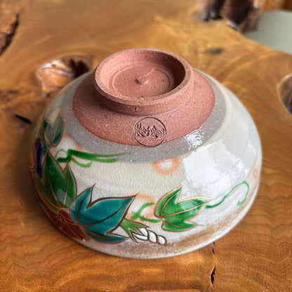 Kenzan-Style Morning Glory Flat Tea Bowl by Hashimoto Shiunn — Summer Chawan, Tomobako