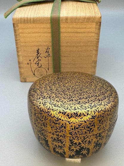 Kawase Hyokan Bamboo Grove Maki-e O-Natsume Gold Lacquer Large Tea Caddy Chikurin Tomobako