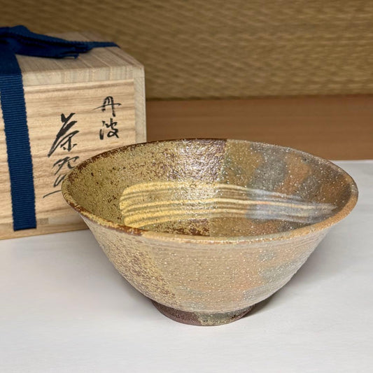 Ichino Shinsui Tamba-yaki Irabo Hakeme Chawan — Brush Stroke Tea Bowl Shinsui Kiln w/ Tomobako