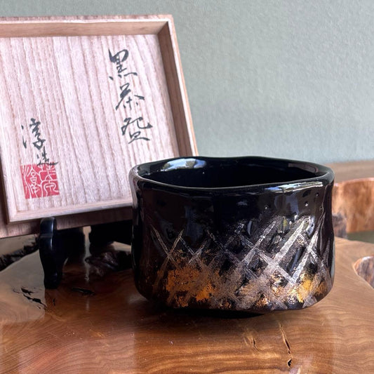 Black Glaze Matcha Bowl with Gold Silver Lattice by Listed Artist — Signed Tomobako, Japanese Tea Ceremony Chawan