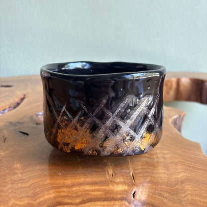 Black Glaze Matcha Bowl with Gold Silver Lattice by Listed Artist — Signed Tomobako, Japanese Tea Ceremony Chawan