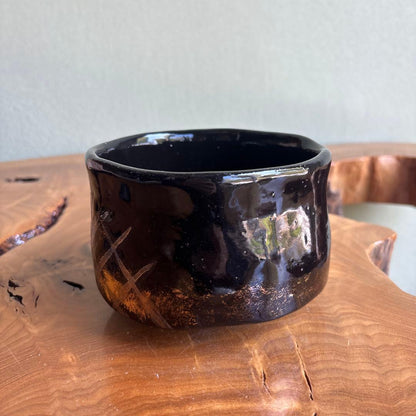 Black Glaze Matcha Bowl with Gold Silver Lattice by Listed Artist — Signed Tomobako, Japanese Tea Ceremony Chawan