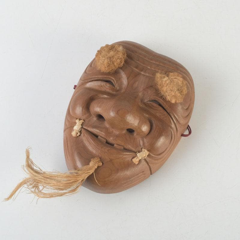 Noh Okina Mask — Hand-Carved Wood by Kenji, Natural Grain, Hemp Hair
