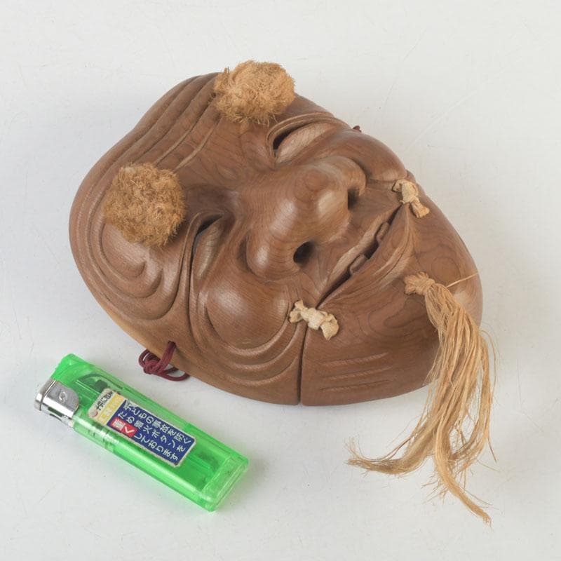 Noh Okina Mask — Hand-Carved Wood by Kenji, Natural Grain, Hemp Hair