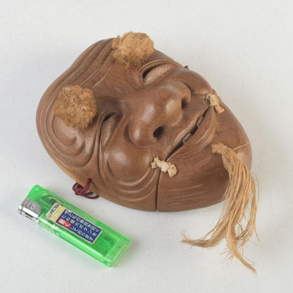 Noh Okina Mask — Hand-Carved Wood by Kenji, Natural Grain, Hemp Hair