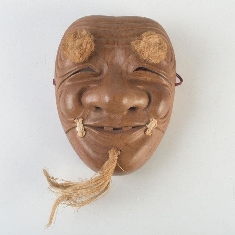 Noh Okina Mask — Hand-Carved Wood by Kenji, Natural Grain, Hemp Hair