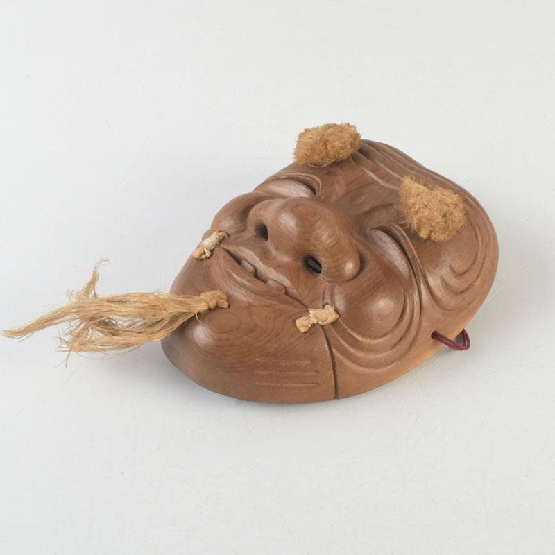 Noh Okina Mask — Hand-Carved Wood by Kenji, Natural Grain, Hemp Hair