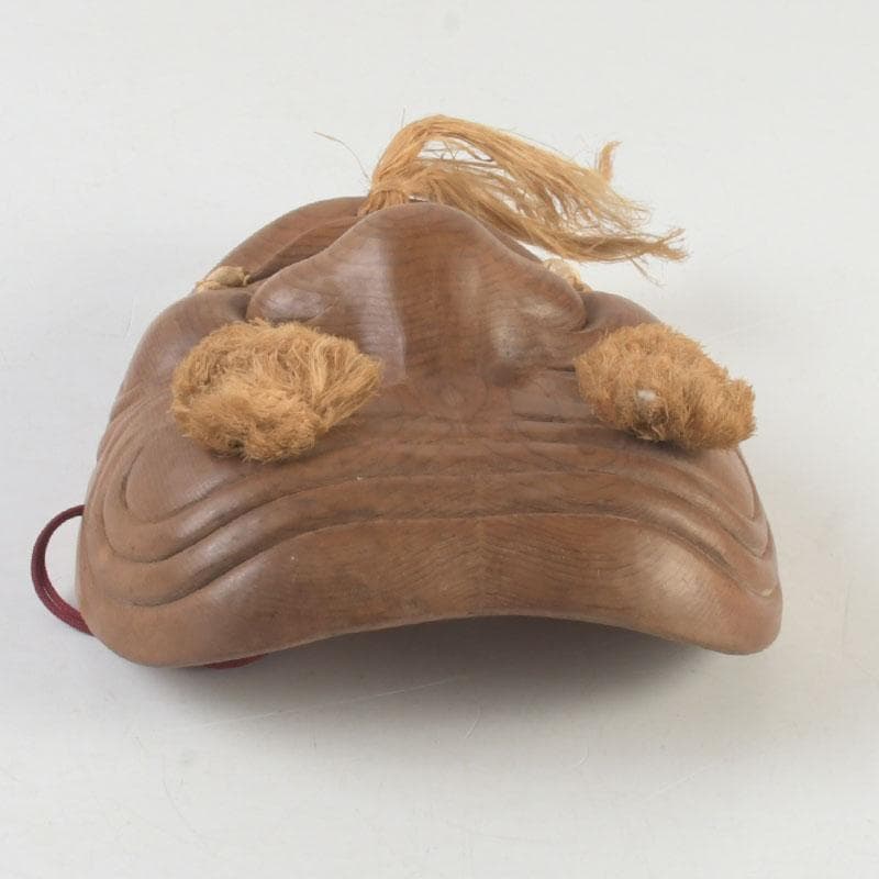 Noh Okina Mask — Hand-Carved Wood by Kenji, Natural Grain, Hemp Hair