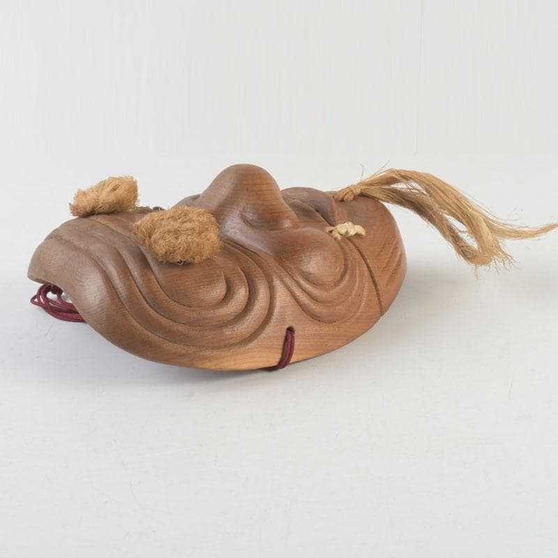 Noh Okina Mask — Hand-Carved Wood by Kenji, Natural Grain, Hemp Hair