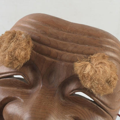 Noh Okina Mask — Hand-Carved Wood by Kenji, Natural Grain, Hemp Hair