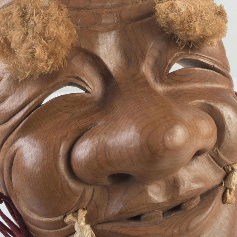 Noh Okina Mask — Hand-Carved Wood by Kenji, Natural Grain, Hemp Hair