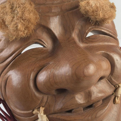 Noh Okina Mask — Hand-Carved Wood by Kenji, Natural Grain, Hemp Hair