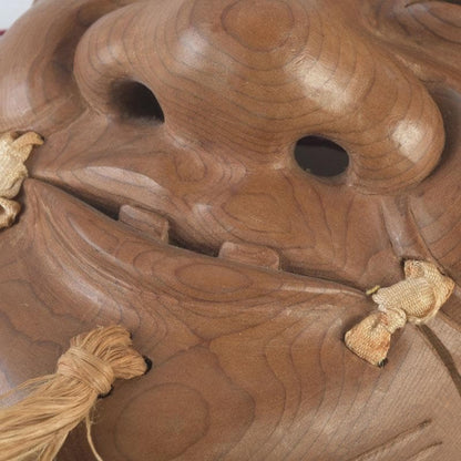 Noh Okina Mask — Hand-Carved Wood by Kenji, Natural Grain, Hemp Hair
