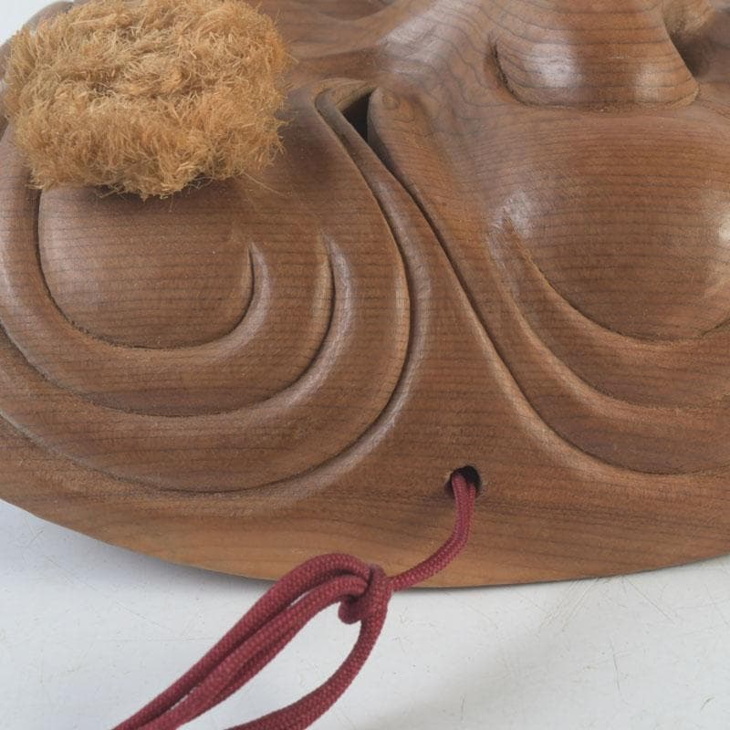 Noh Okina Mask — Hand-Carved Wood by Kenji, Natural Grain, Hemp Hair