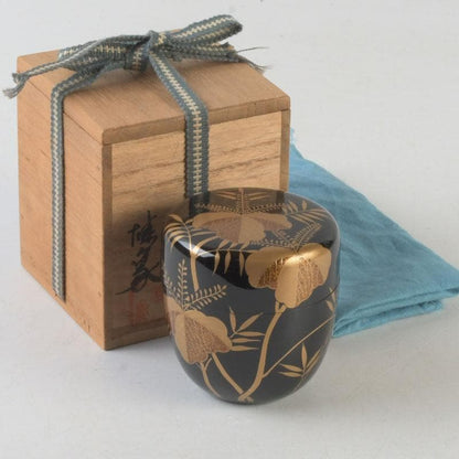 Signed Sagano Maki-e Natsume Tea Caddy | Gold Silver Bamboo Pine Ginkgo Black Lacquer | Tomobako