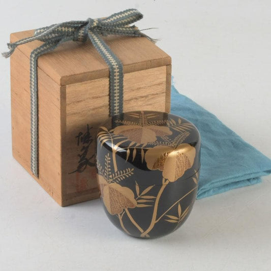 Signed Sagano Maki-e Natsume Tea Caddy | Gold Silver Bamboo Pine Ginkgo Black Lacquer | Tomobako
