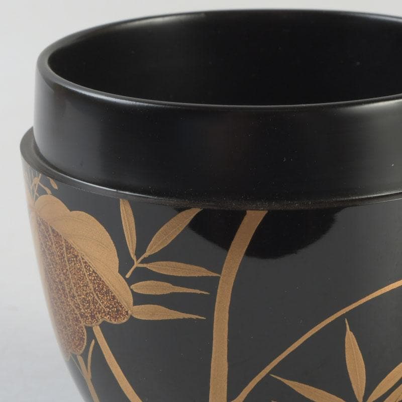 Signed Sagano Maki-e Natsume Tea Caddy | Gold Silver Bamboo Pine Ginkgo Black Lacquer | Tomobako