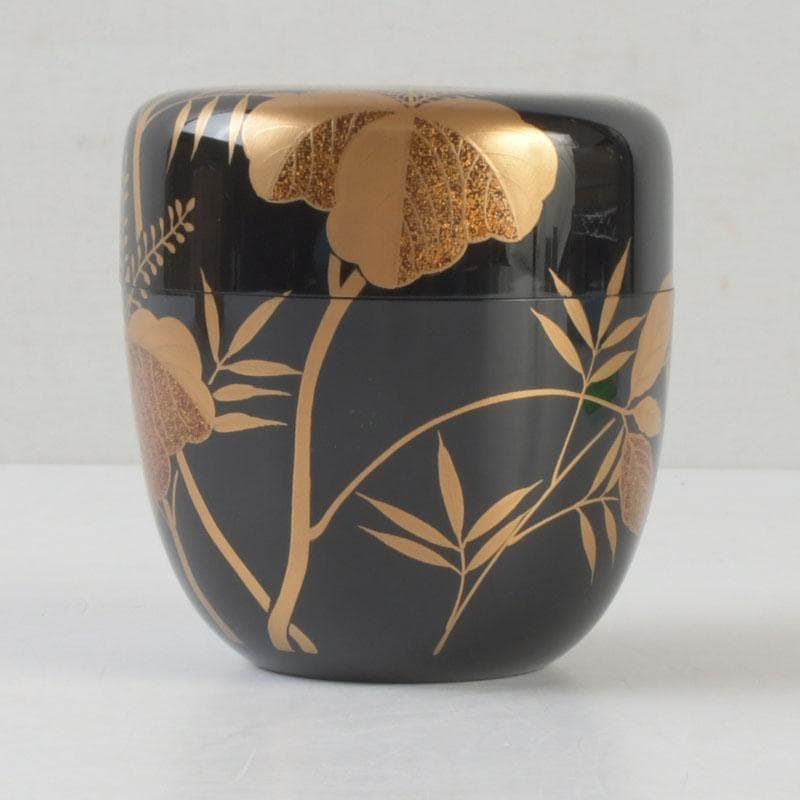 Signed Sagano Maki-e Natsume Tea Caddy | Gold Silver Bamboo Pine Ginkgo Black Lacquer | Tomobako