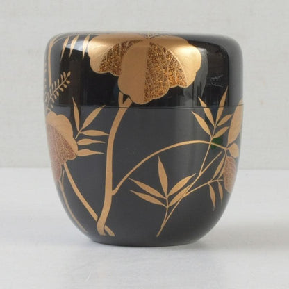 Signed Sagano Maki-e Natsume Tea Caddy | Gold Silver Bamboo Pine Ginkgo Black Lacquer | Tomobako