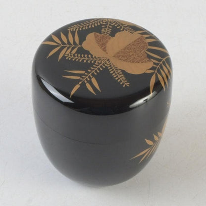 Signed Sagano Maki-e Natsume Tea Caddy | Gold Silver Bamboo Pine Ginkgo Black Lacquer | Tomobako