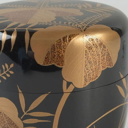 Signed Sagano Maki-e Natsume Tea Caddy | Gold Silver Bamboo Pine Ginkgo Black Lacquer | Tomobako