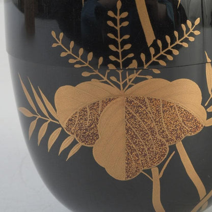 Signed Sagano Maki-e Natsume Tea Caddy | Gold Silver Bamboo Pine Ginkgo Black Lacquer | Tomobako