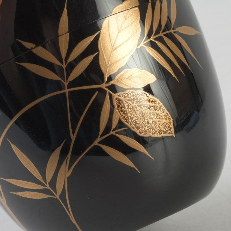 Signed Sagano Maki-e Natsume Tea Caddy | Gold Silver Bamboo Pine Ginkgo Black Lacquer | Tomobako