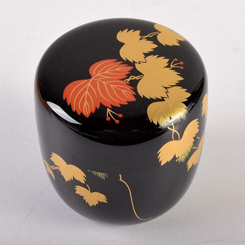 Black Lacquer Natsume by Seizan - Gold Red Ivy Maki-e Tea Caddy with Box